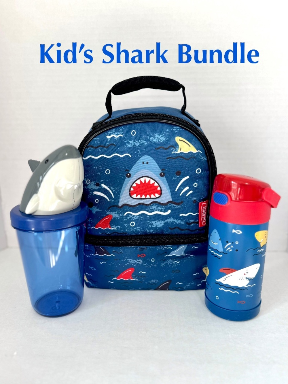 Shark Kids Thermos Lunch Bag + Thermos Funtainer Tumbler + Sun Squad Cup/Bundle